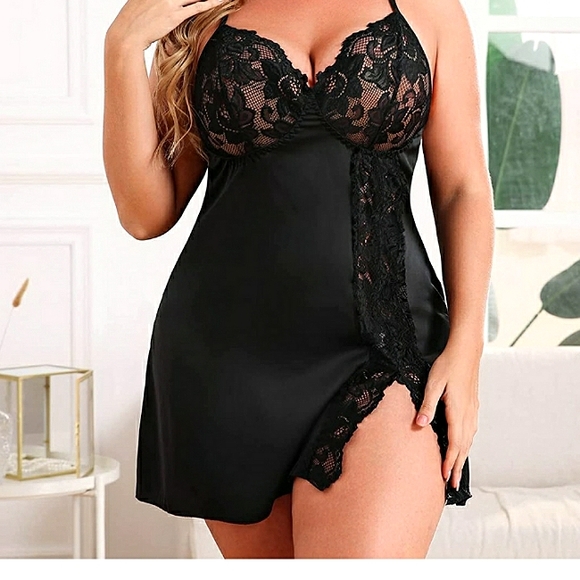Black Satin Nightgown Lace Babydoll Side Slit Strappy - Picture 1 of 6